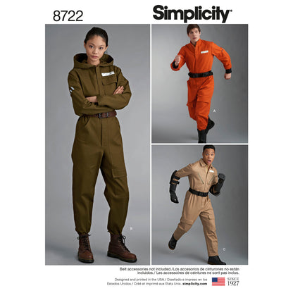 Simplicity S8722 sewing pattern envelope showing unisex flight suit coverall costume