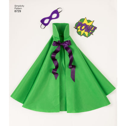 Simplicity S8729 sewing pattern envelope showing child's caped character costumes