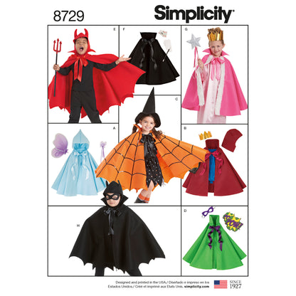Simplicity S8729 sewing pattern envelope showing child's caped character costumes