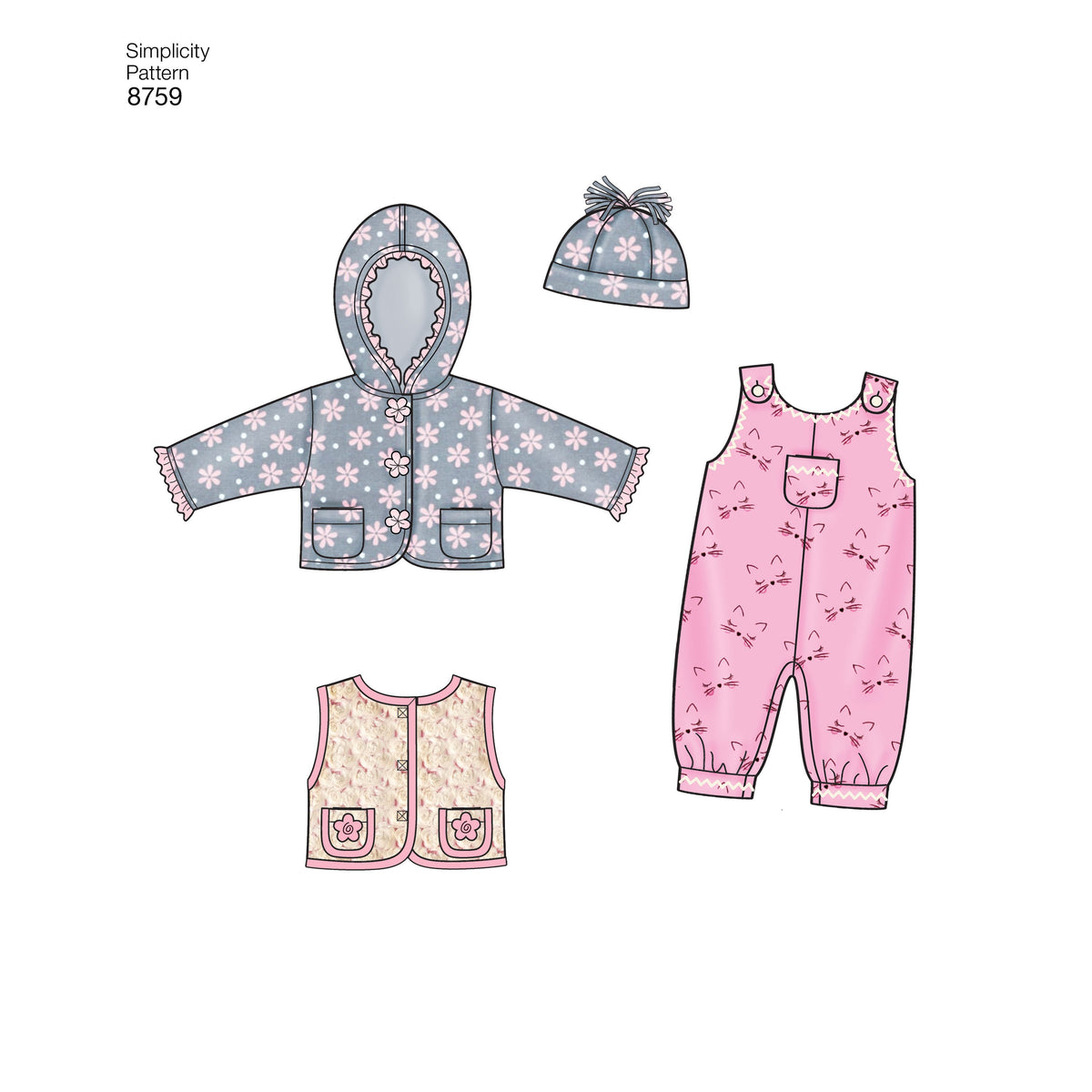 Simplicity S8759 sewing pattern envelope showing baby winter casual wear