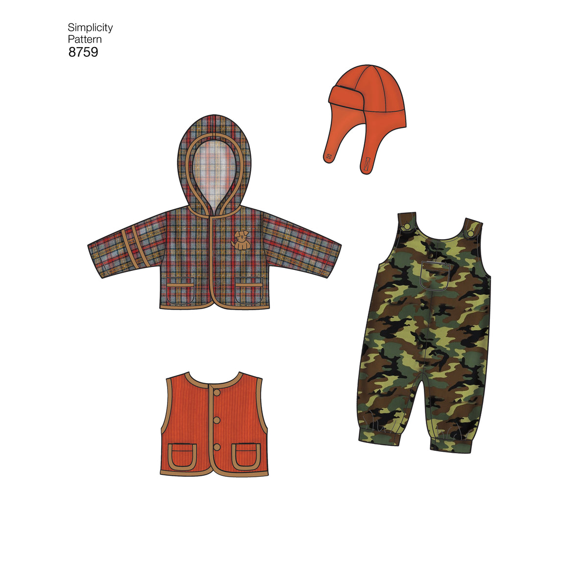 Simplicity S8759 sewing pattern envelope showing baby winter casual wear