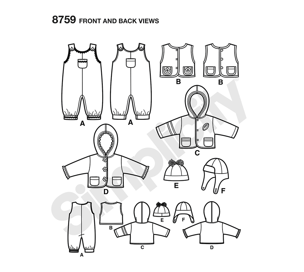Simplicity S8759 sewing pattern envelope showing baby winter casual wear