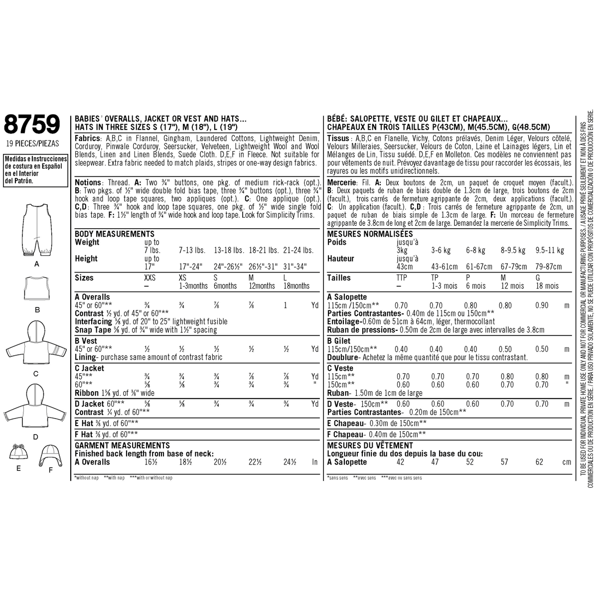 Simplicity S8759 sewing pattern envelope showing baby winter casual wear