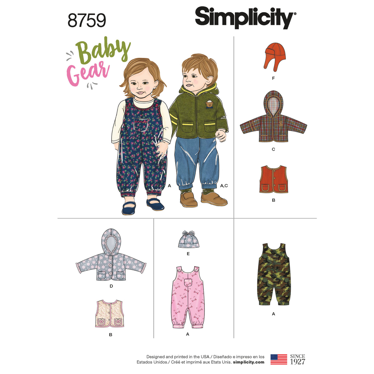 Simplicity S8759 sewing pattern envelope showing baby winter casual wear