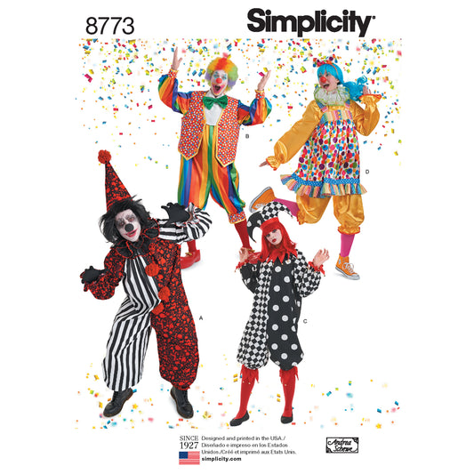 Simplicity S8773 sewing pattern envelope showing unisex clown costume