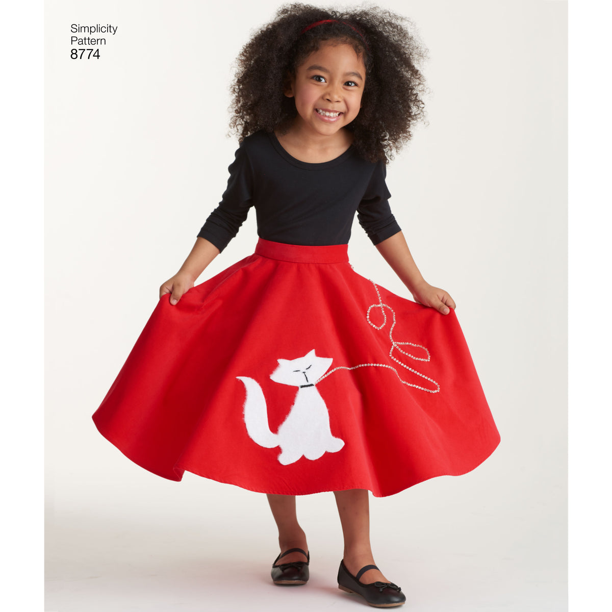 Simplicity S8774 sewing pattern envelope showing child's & girls' poodle skirt