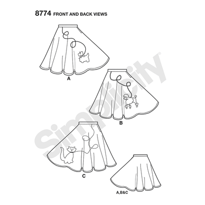 Simplicity S8774 sewing pattern envelope showing child's & girls' poodle skirt