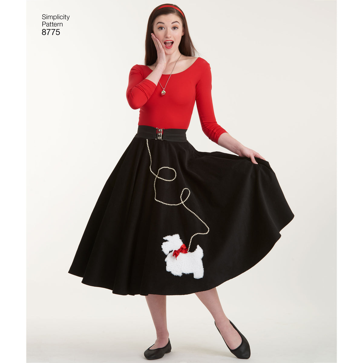 Simplicity S8775 sewing pattern envelope showing misses' rockabilly poodle skirt
