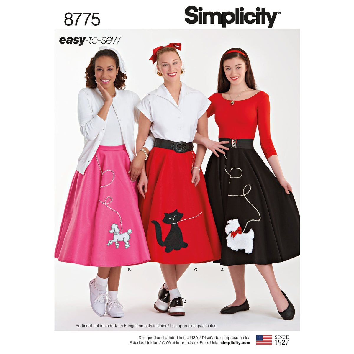 Simplicity S8775 sewing pattern envelope showing misses' rockabilly poodle skirt