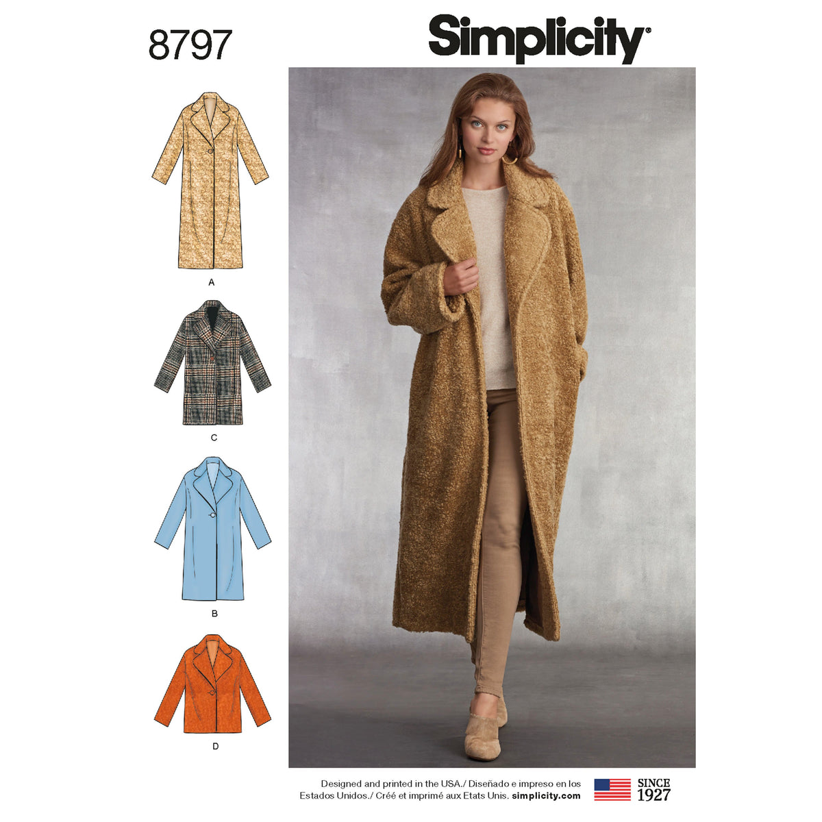 Simplicity S8797 sewing pattern envelope showing misses' oversized coat