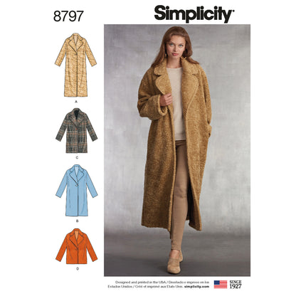 Simplicity S8797 sewing pattern envelope showing misses' oversized coat