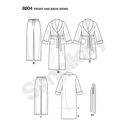 Simplicity S8804 sewing pattern envelope showing unisex robes & lounge bottoms