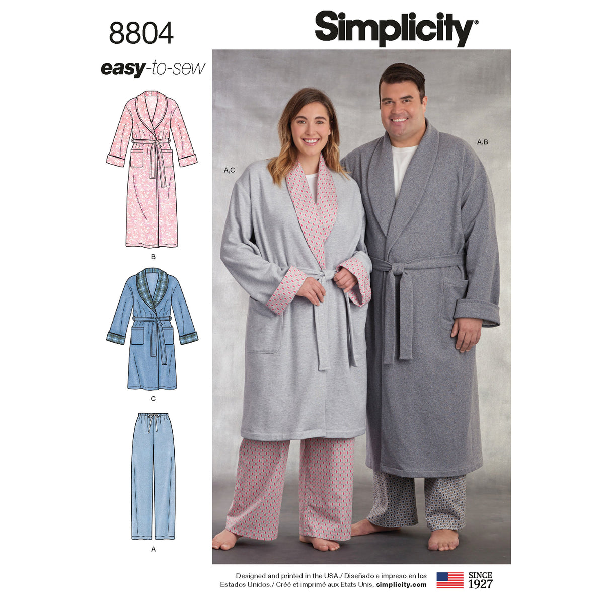 Simplicity S8804 sewing pattern envelope showing unisex robes & lounge bottoms