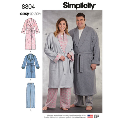 Simplicity S8804 sewing pattern envelope showing unisex robes & lounge bottoms