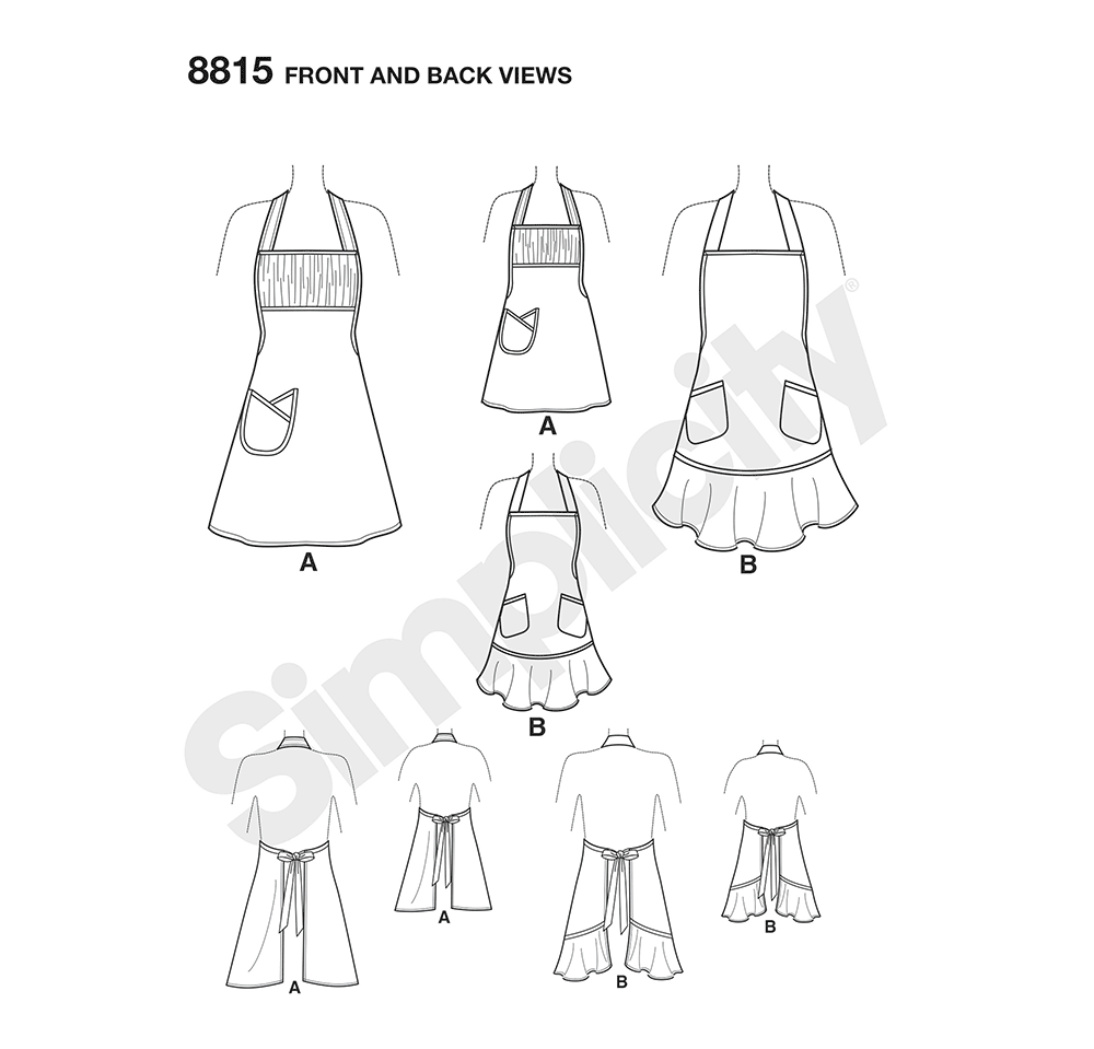 Simplicity S8815 sewing pattern envelope showing child & misses' matching aprons