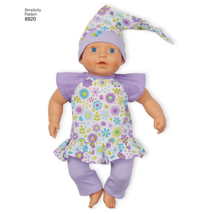 Simplicity S8820 sewing pattern envelope showing 15in baby doll clothes