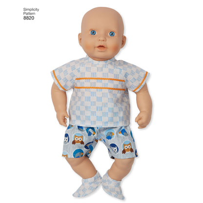 Simplicity S8820 sewing pattern envelope showing 15in baby doll clothes