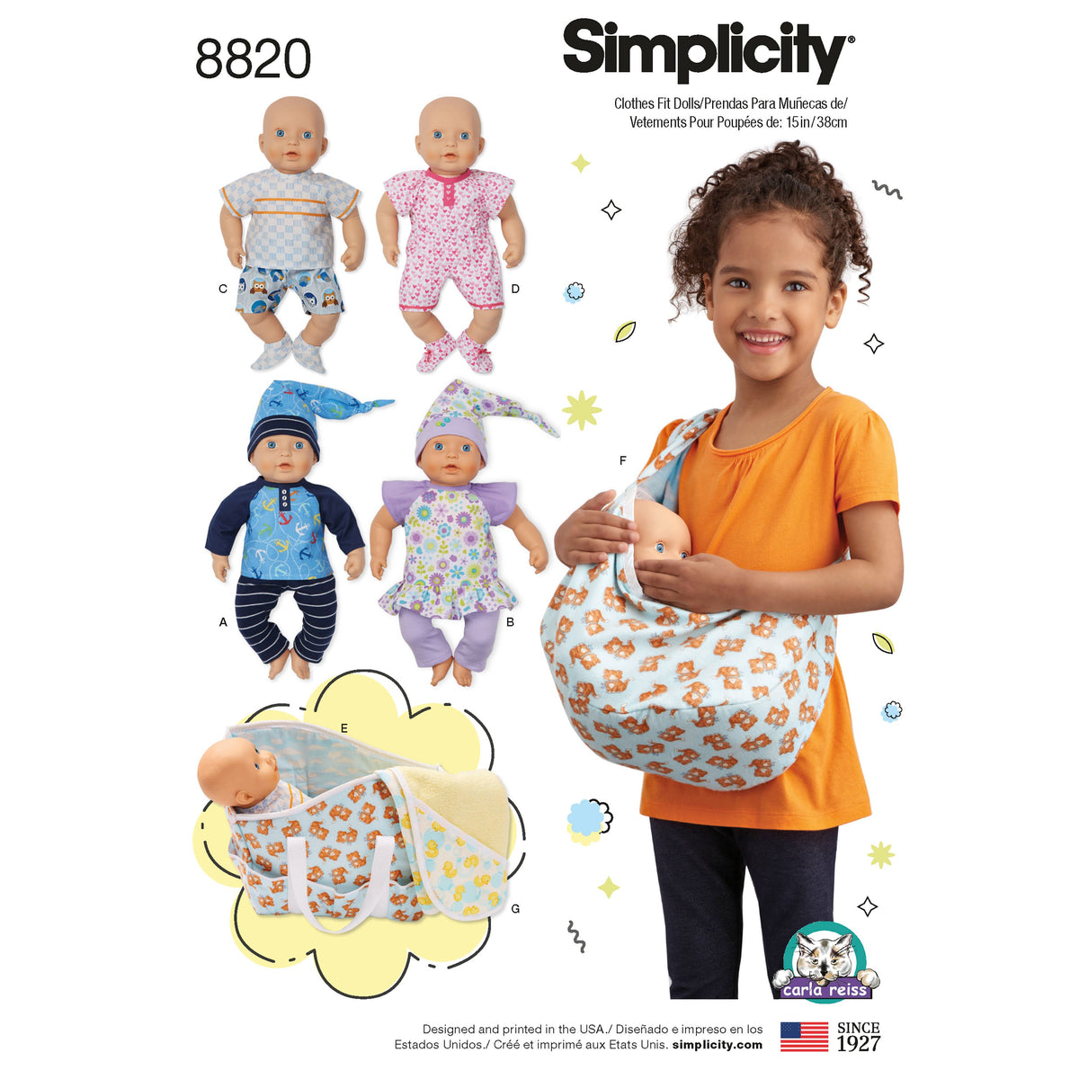 Simplicity S8820 sewing pattern envelope showing 15in baby doll clothes