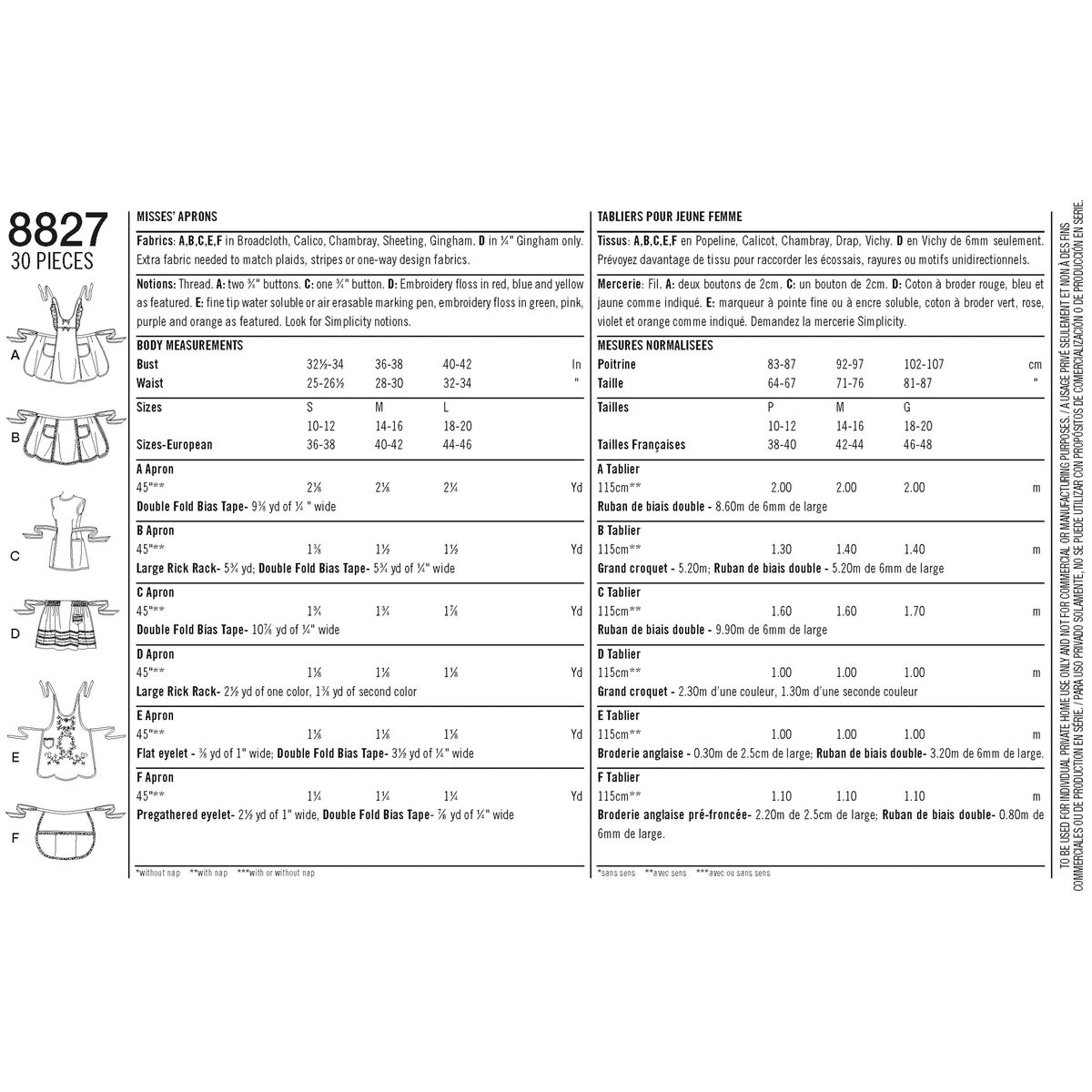 Simplicity S8827 sewing pattern envelope showing misses' aprons
