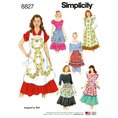 Simplicity S8827 sewing pattern envelope showing misses' aprons