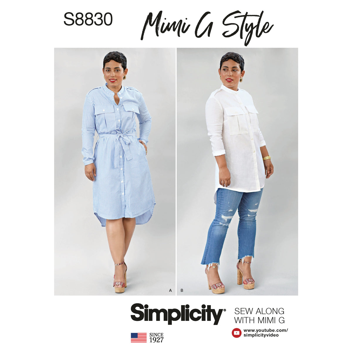 Simplicity S8830 sewing pattern envelope showing mimi g misses' shirtdress