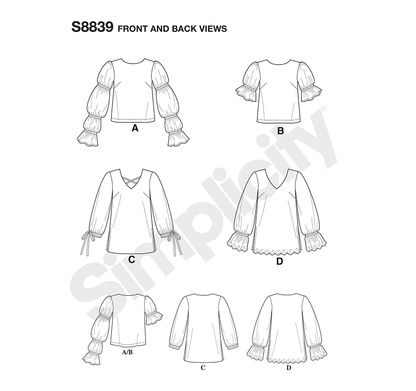 Simplicity S8839 sewing pattern envelope showing misses' tops and vests designs