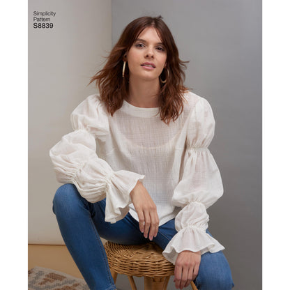 Simplicity S8839 sewing pattern envelope showing misses' tops and vests designs