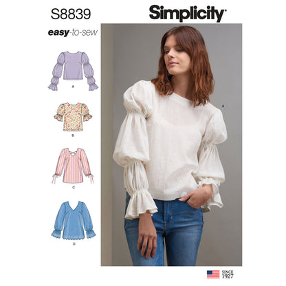 Simplicity S8839 sewing pattern envelope showing misses' tops and vests designs