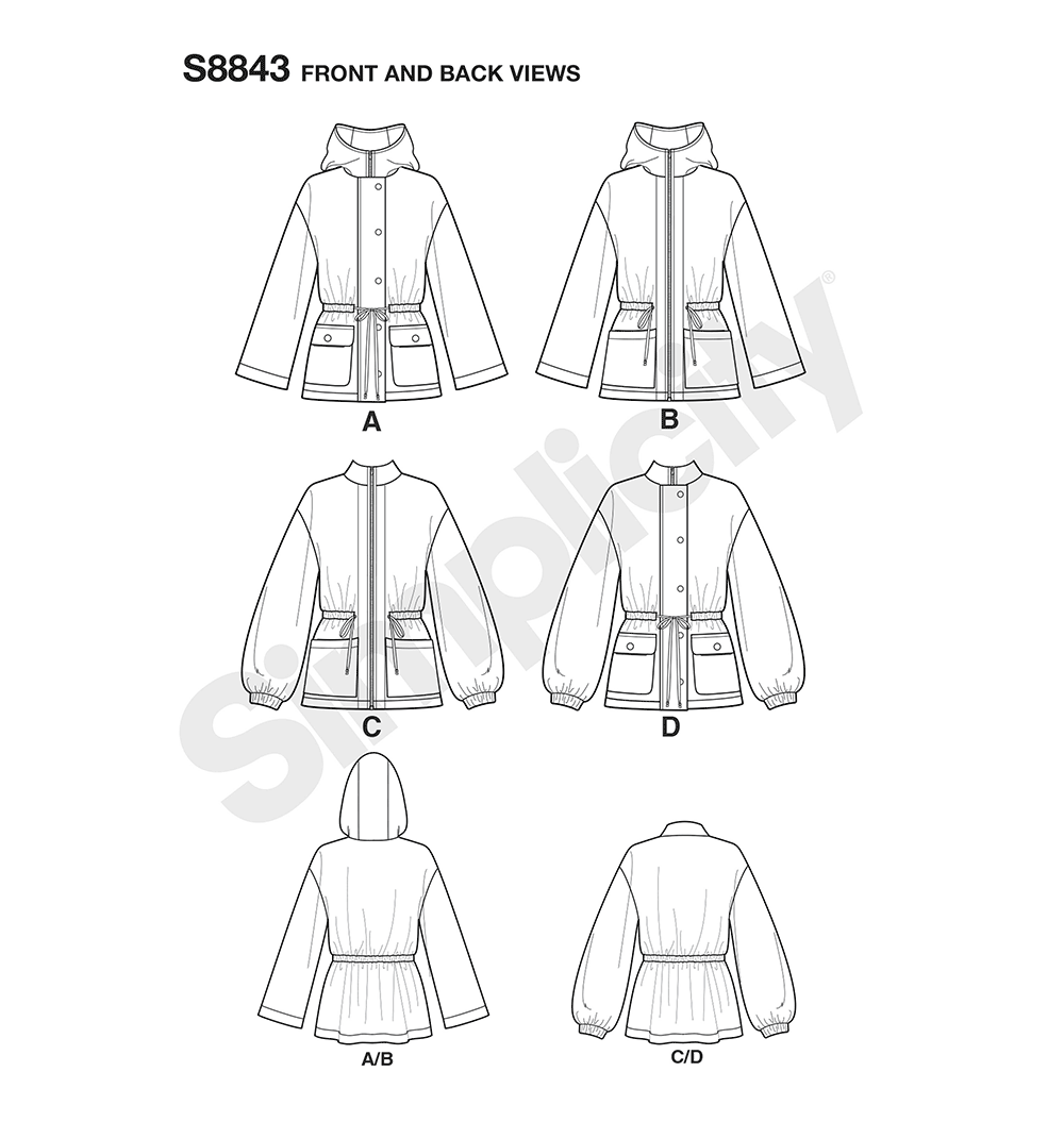 Simplicity S8843 sewing pattern envelope showing misses' utility jacket designs