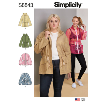 Simplicity S8843 sewing pattern envelope showing misses' utility jacket designs