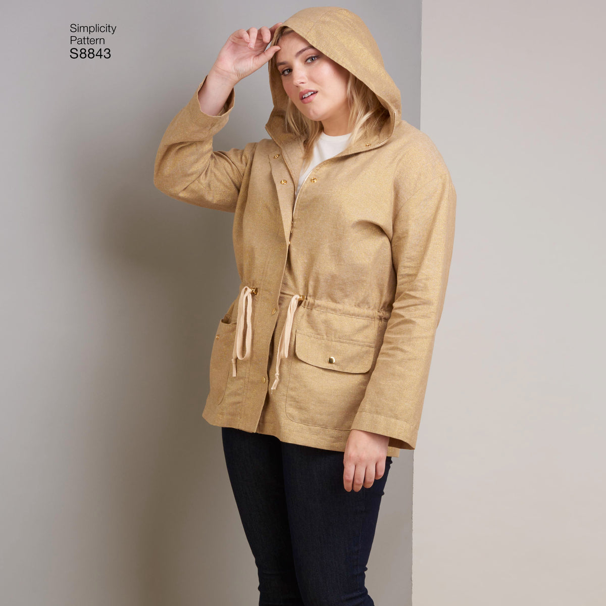 Simplicity S8843 sewing pattern envelope showing misses' utility jacket designs