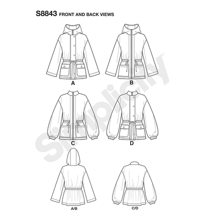 Simplicity S8843 sewing pattern envelope showing misses' utility jacket designs