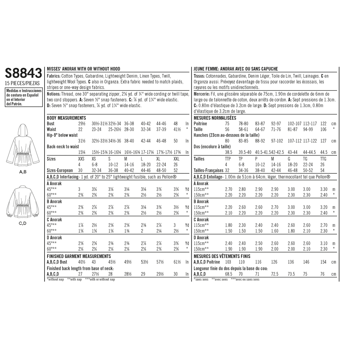 Simplicity S8843 sewing pattern envelope showing misses' utility jacket designs