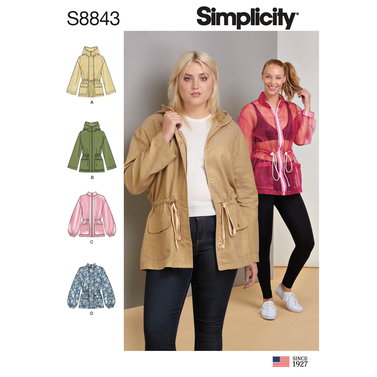 Simplicity S8843 sewing pattern envelope showing misses' utility jacket designs