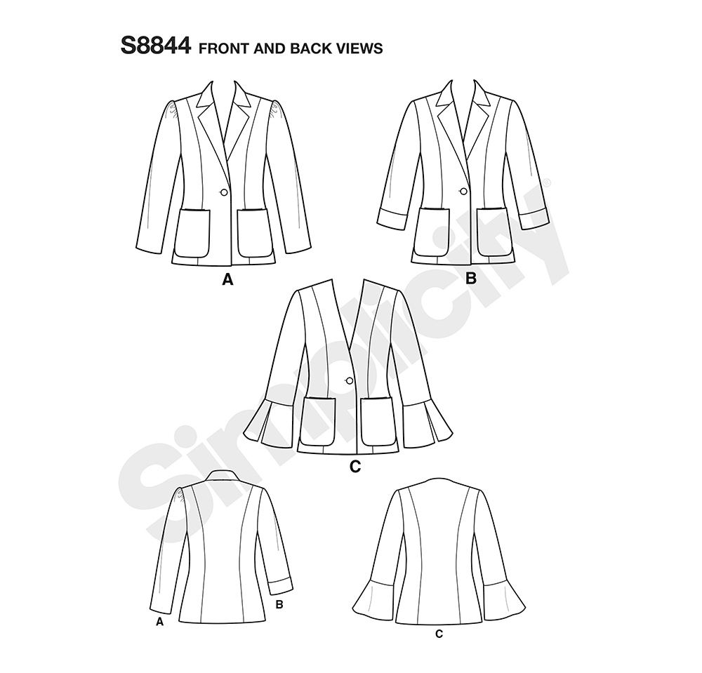 Simplicity S8844 sewing pattern envelope showing misses' blazer designs