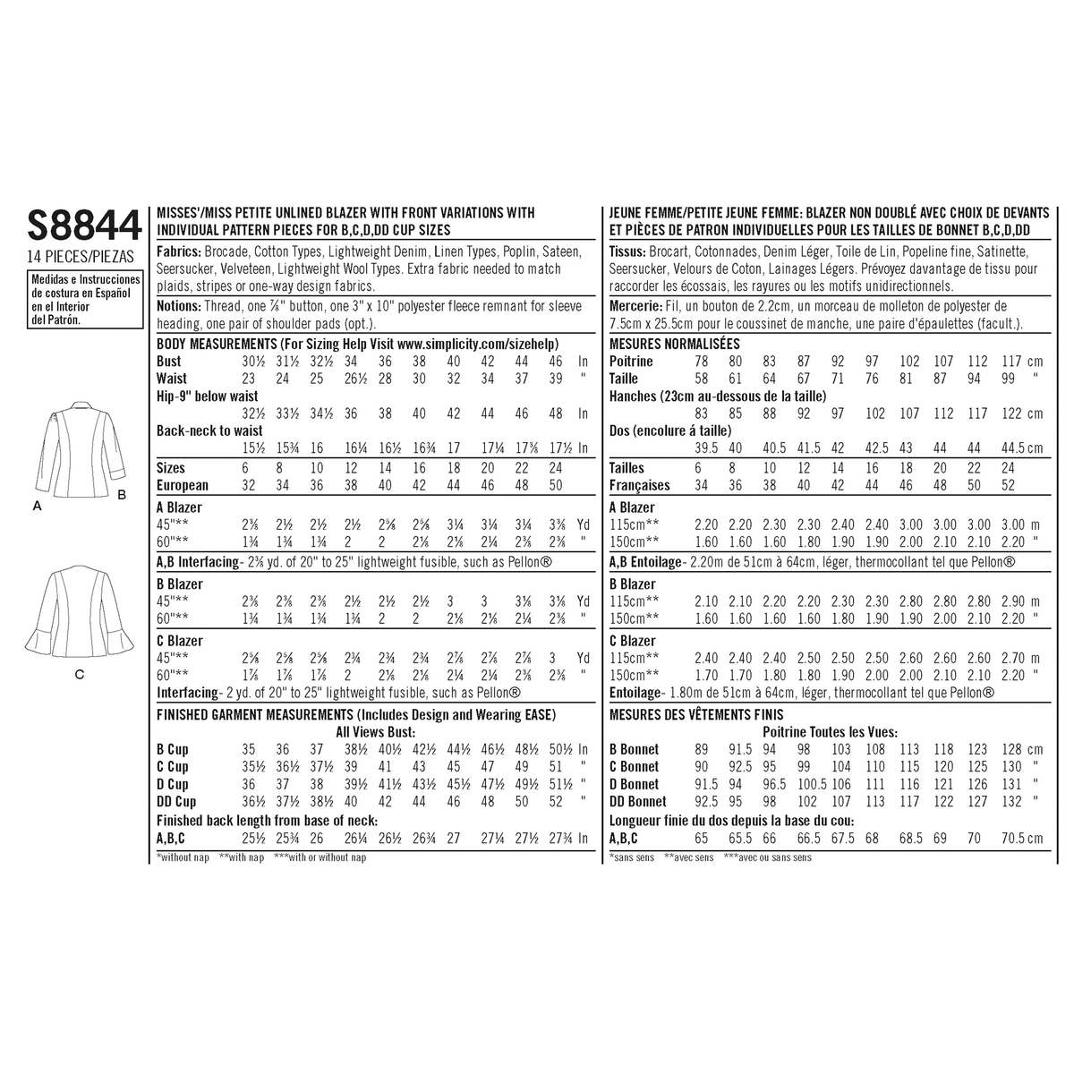 Simplicity S8844 sewing pattern envelope showing misses' blazer designs