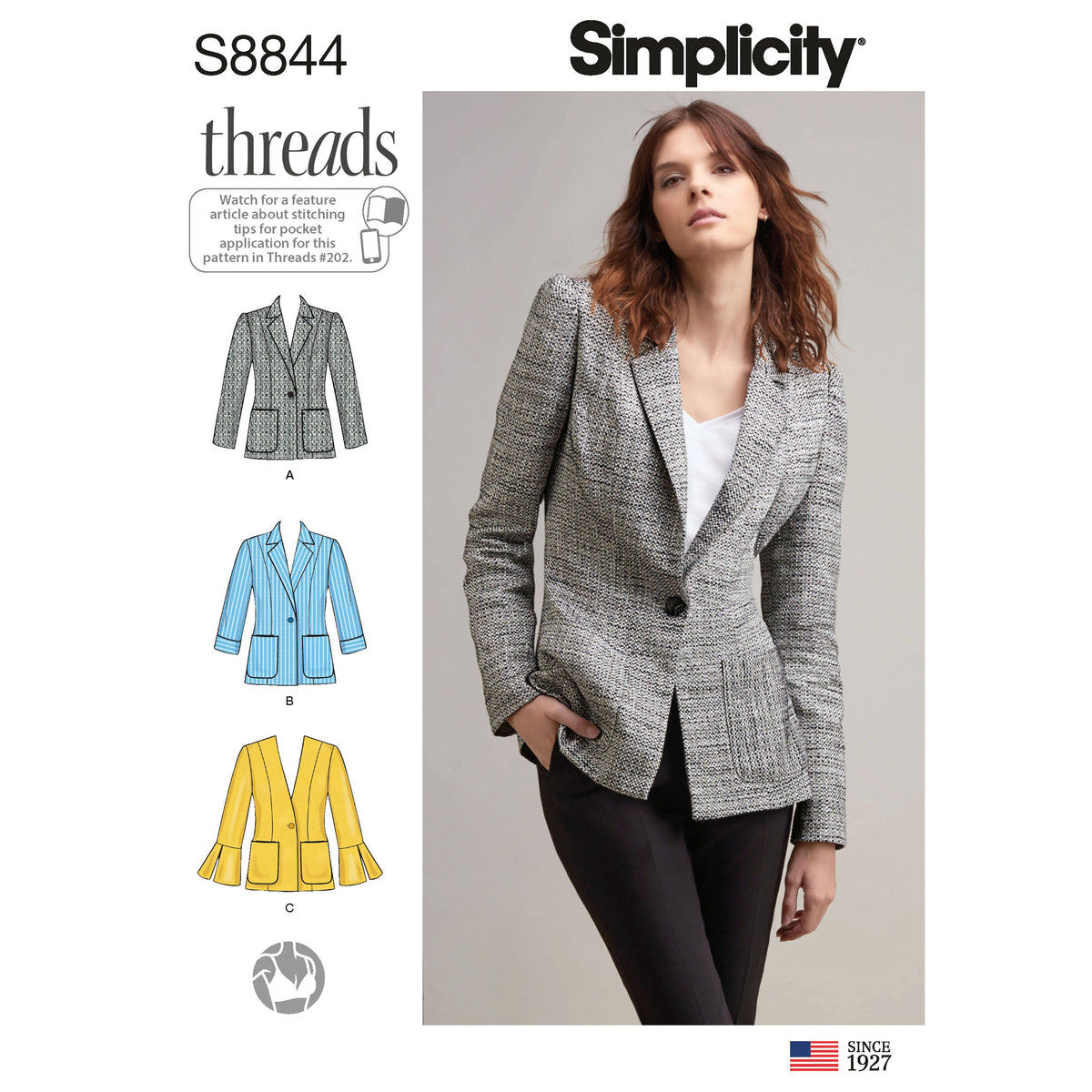 Simplicity S8844 sewing pattern envelope showing misses' blazer designs
