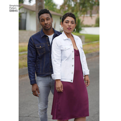 Simplicity S8845 sewing pattern envelope showing unisex denim jacket designs