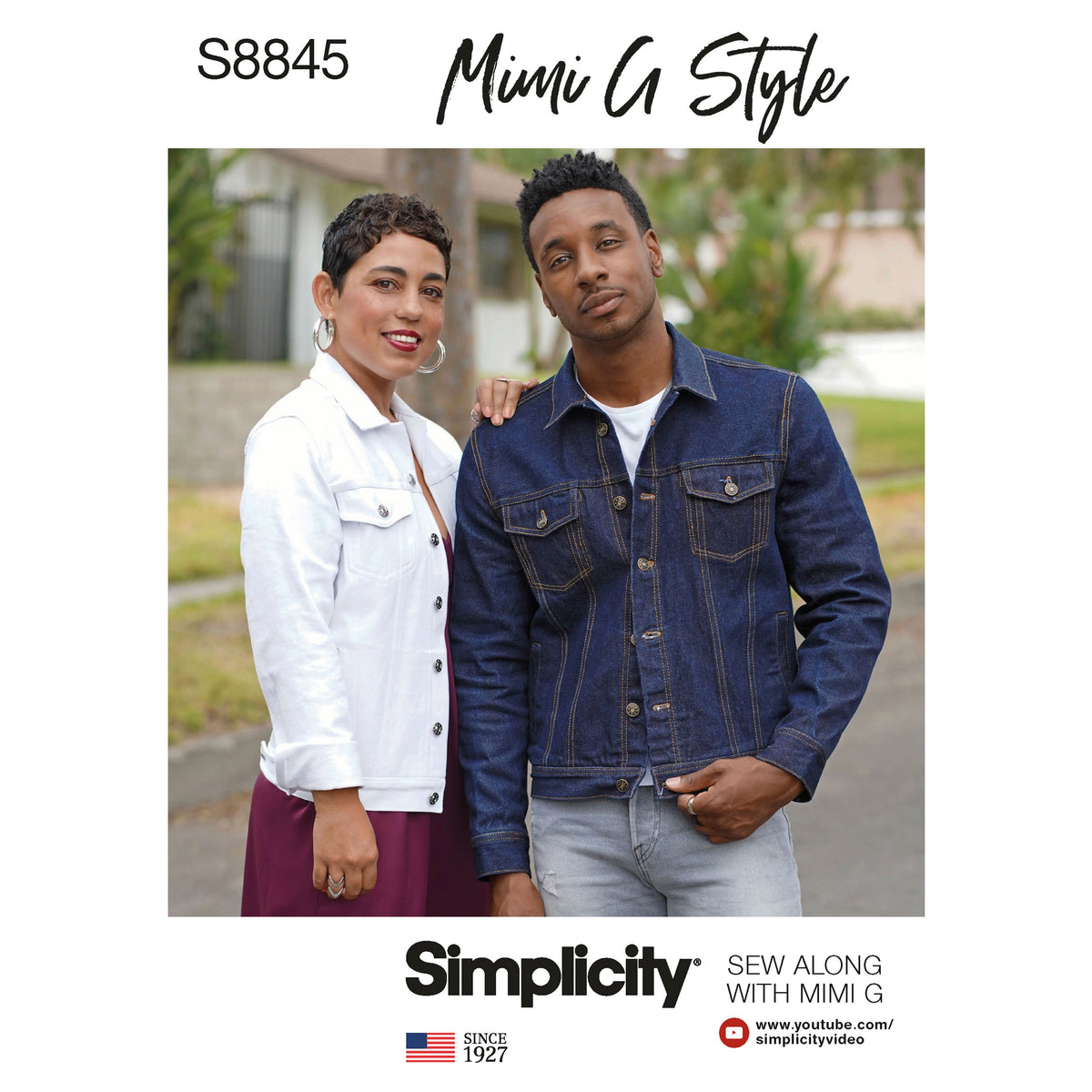 Simplicity S8845 sewing pattern envelope showing unisex denim jacket designs