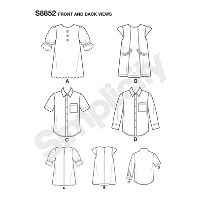 Simplicity S8852 sewing pattern envelope showing child's casual wear designs