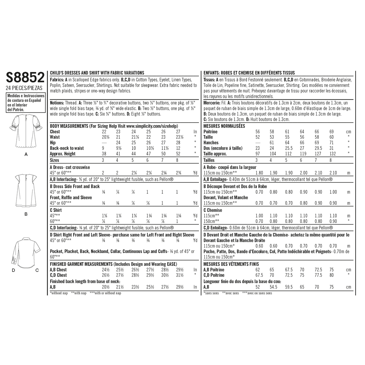 Simplicity S8852 sewing pattern envelope showing child's casual wear designs