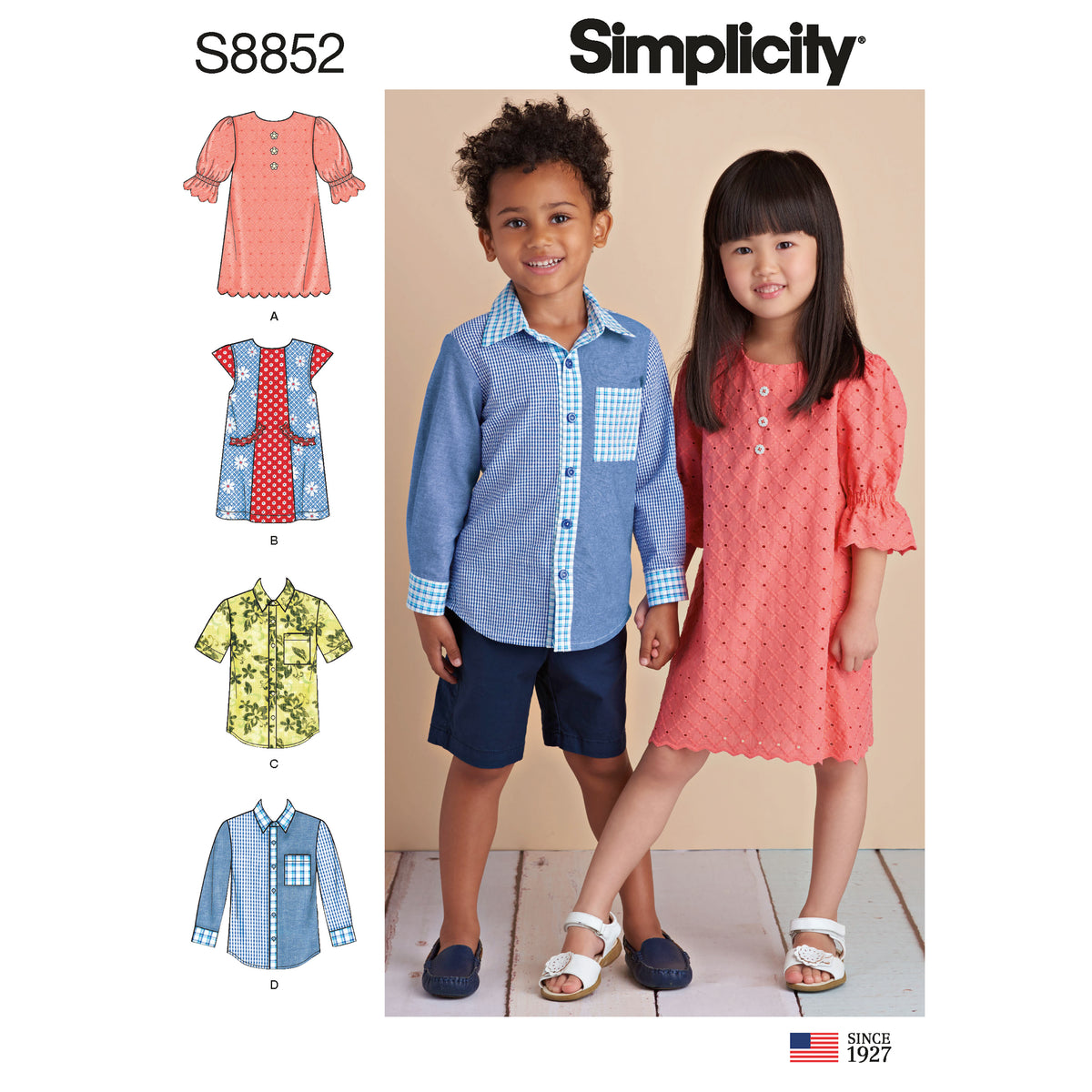 Simplicity S8852 sewing pattern envelope showing child's casual wear designs