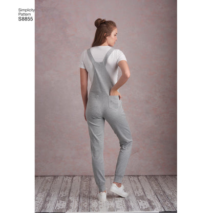 Simplicity S8855 sewing pattern envelope showing misses' knit overall designs