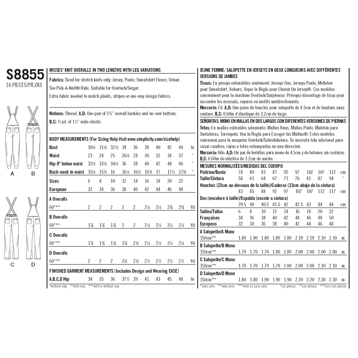 Simplicity S8855 sewing pattern envelope showing misses' knit overall designs