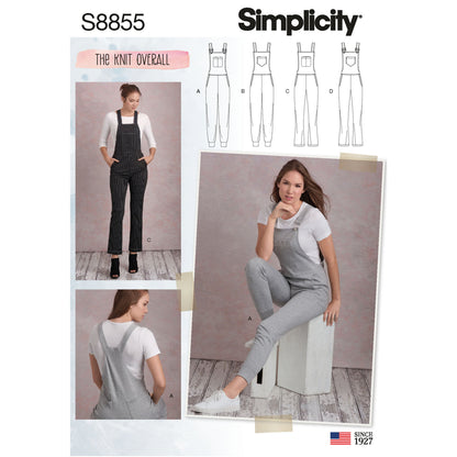 Simplicity S8855 sewing pattern envelope showing misses' knit overall designs