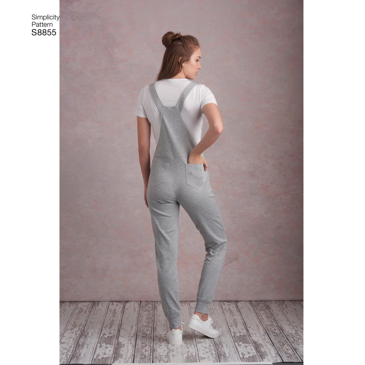 Simplicity S8855 sewing pattern envelope showing misses' knit overall designs