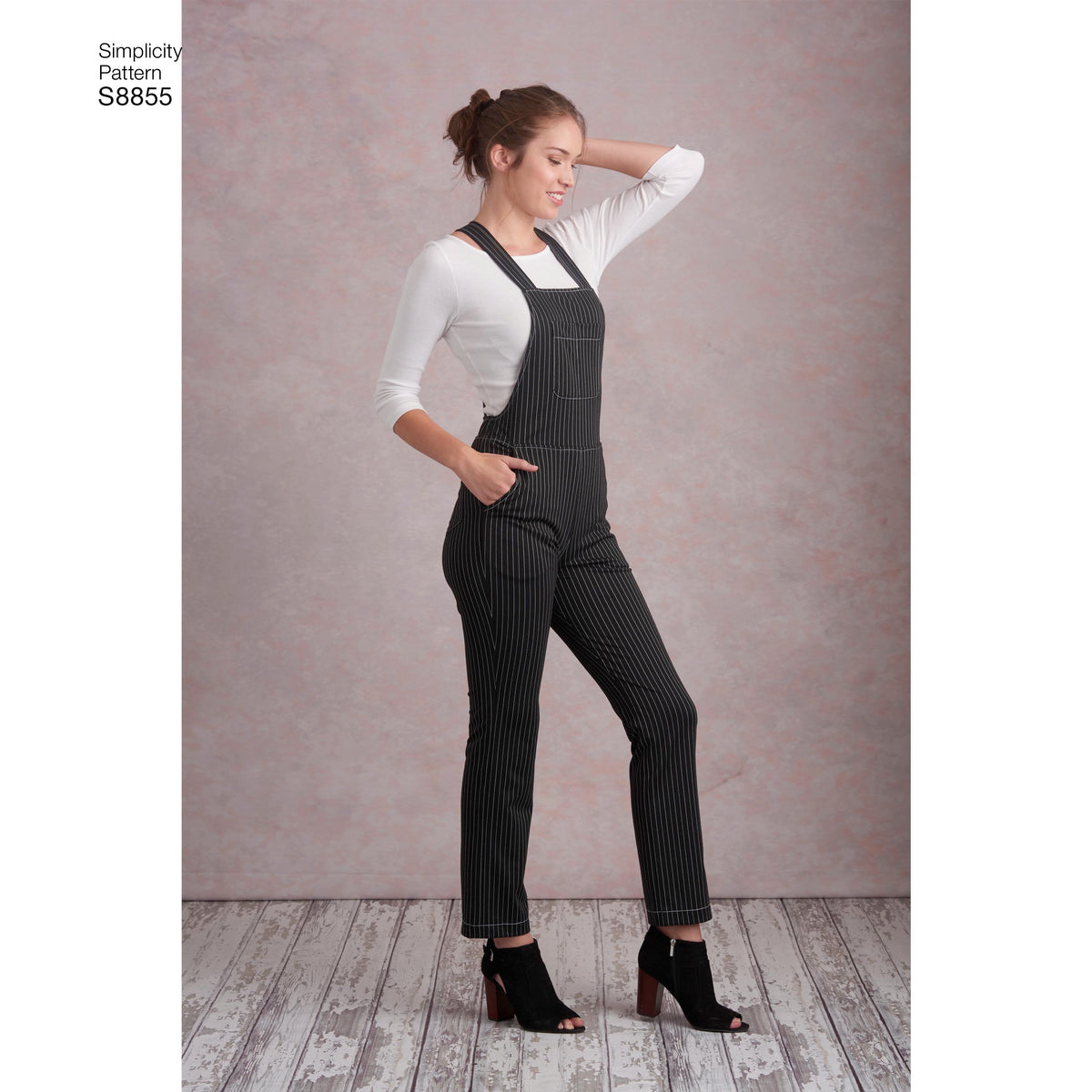 Simplicity S8855 sewing pattern envelope showing misses' knit overall designs