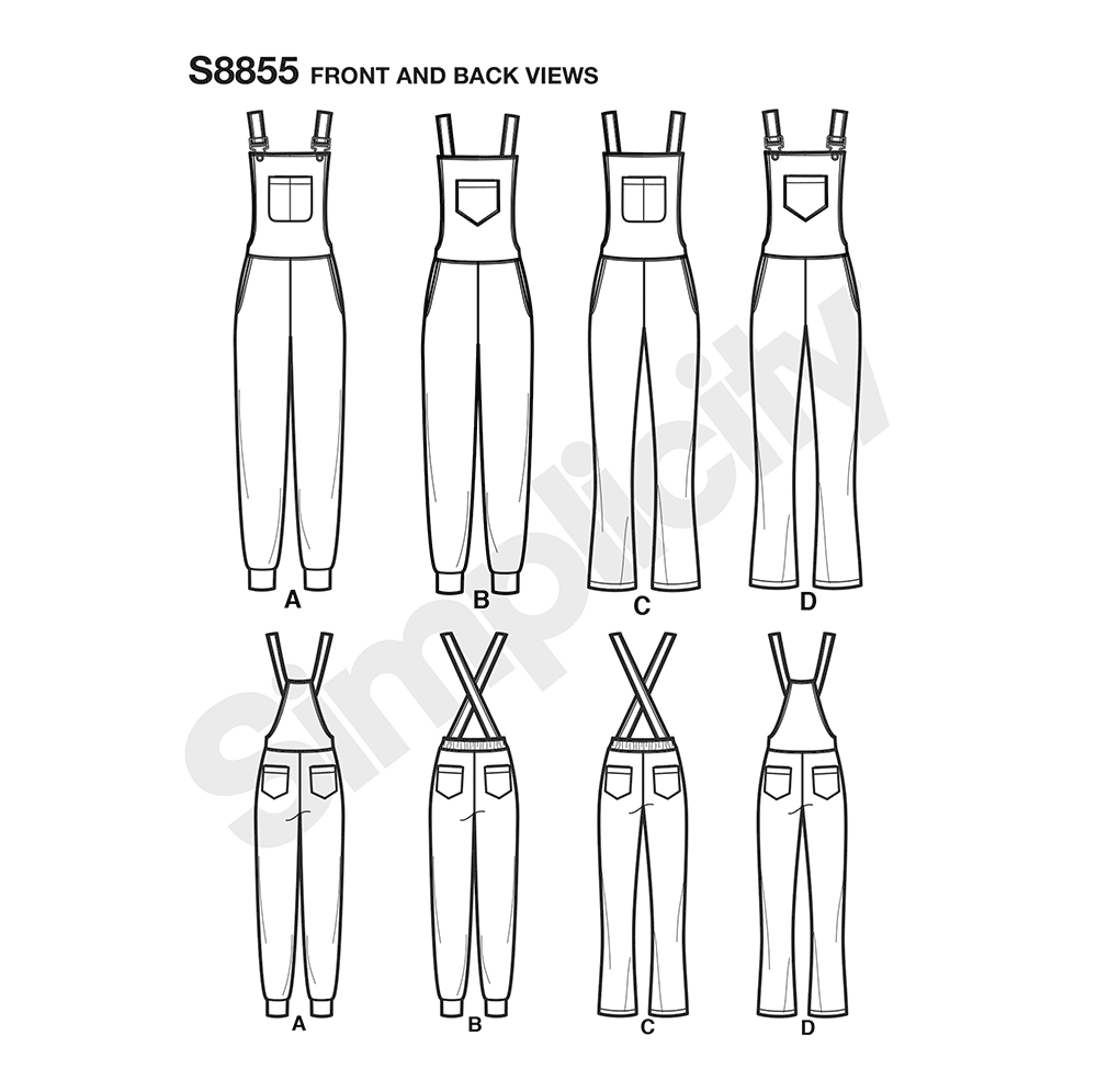 Simplicity S8855 sewing pattern envelope showing misses' knit overall designs