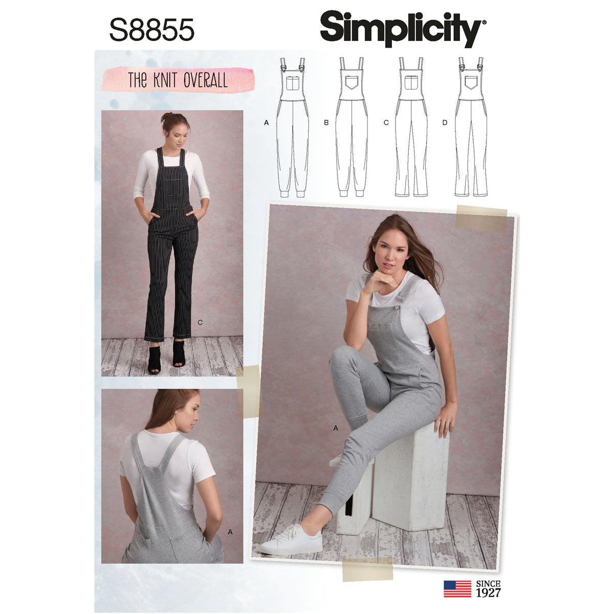 Simplicity S8855 sewing pattern envelope showing misses' knit overall designs