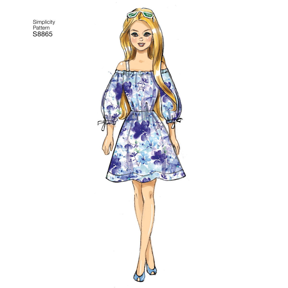 Simplicity S8865 sewing pattern envelope showing 11.5in fashion doll clothes designs